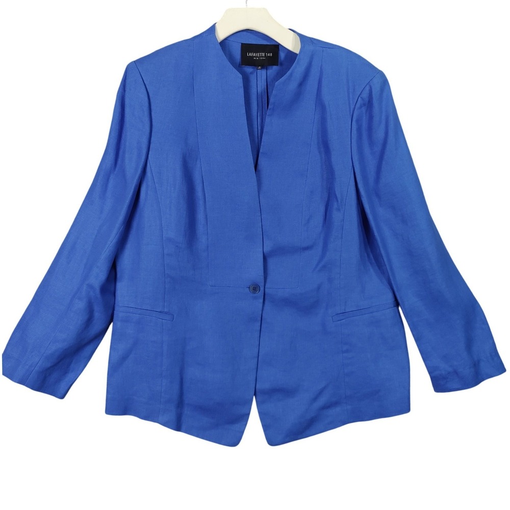 Lafayette 148 Womens‎ Quiet Luxury Linen Blazer 18 Blue Single Button Collarless